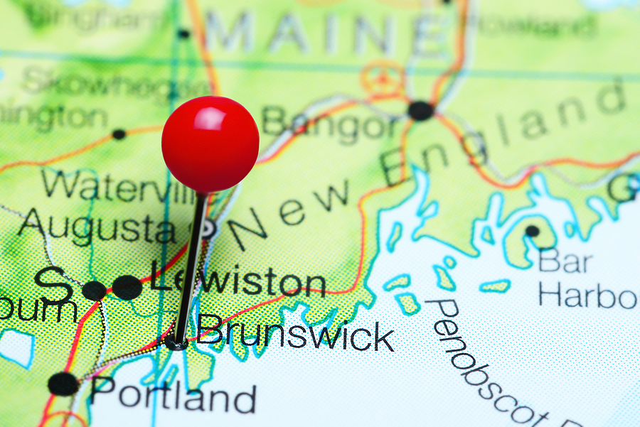 Brunswick roofing specialist, pinned on a map of Maine, USA representing The Roof Doctors.